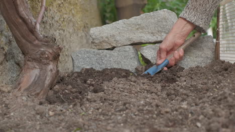 farmer hoeing the soil, gardener with shovel preparing the ground for home garden organic cultivation