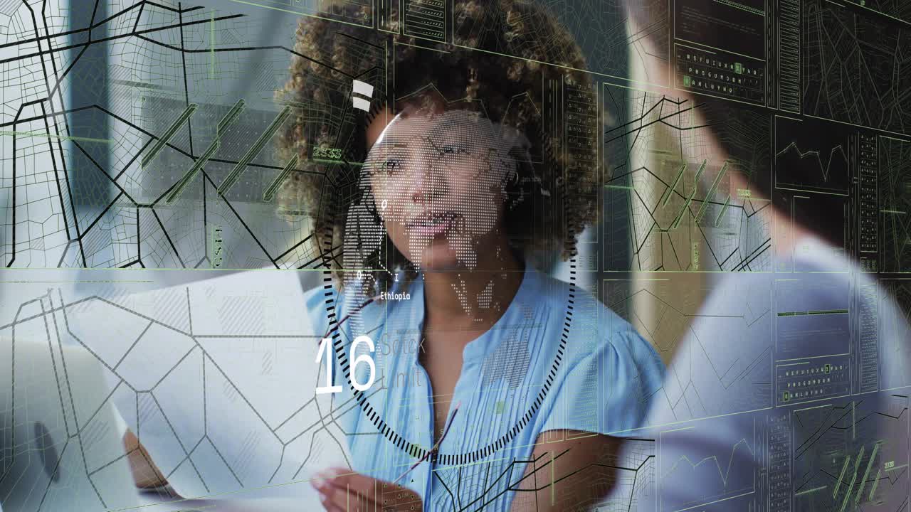 Woman presenting business report, adjusting specs and starting animated data overlay showing growth