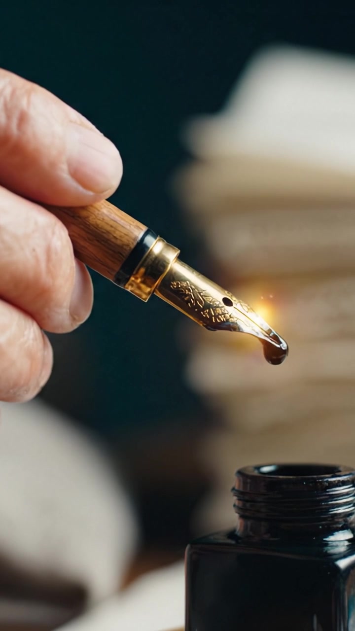 Eine Nahaufnahme einer Hand, die einen Füllfederhalter zart in ein Tintenfass taucht, was die Essenz traditionellen Schreibens und künstlerischen Ausdrucks vergangener Epochen einfängt.