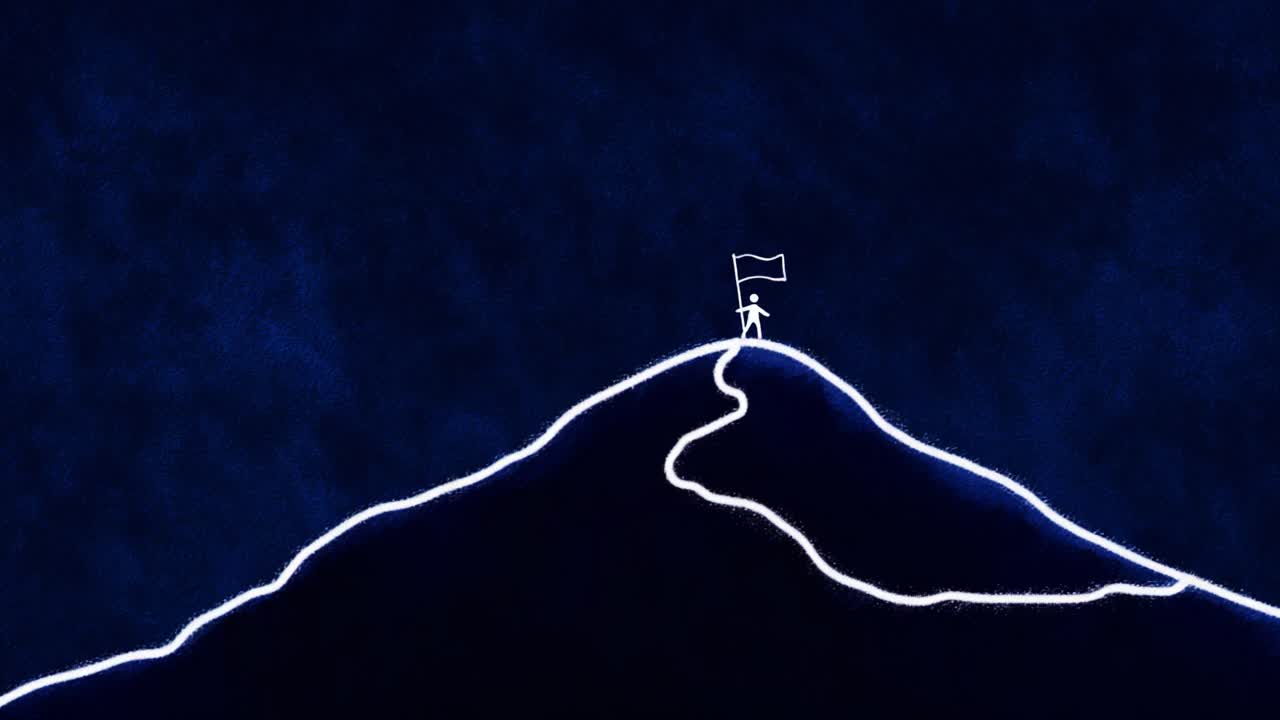 A solitary figure stands triumphantly on a mountain summit, waving a flag against a dark, atmospheric backdrop, symbolizing perseverance, achievement, and the pursuit of goals amidst challenges and uncertainties
