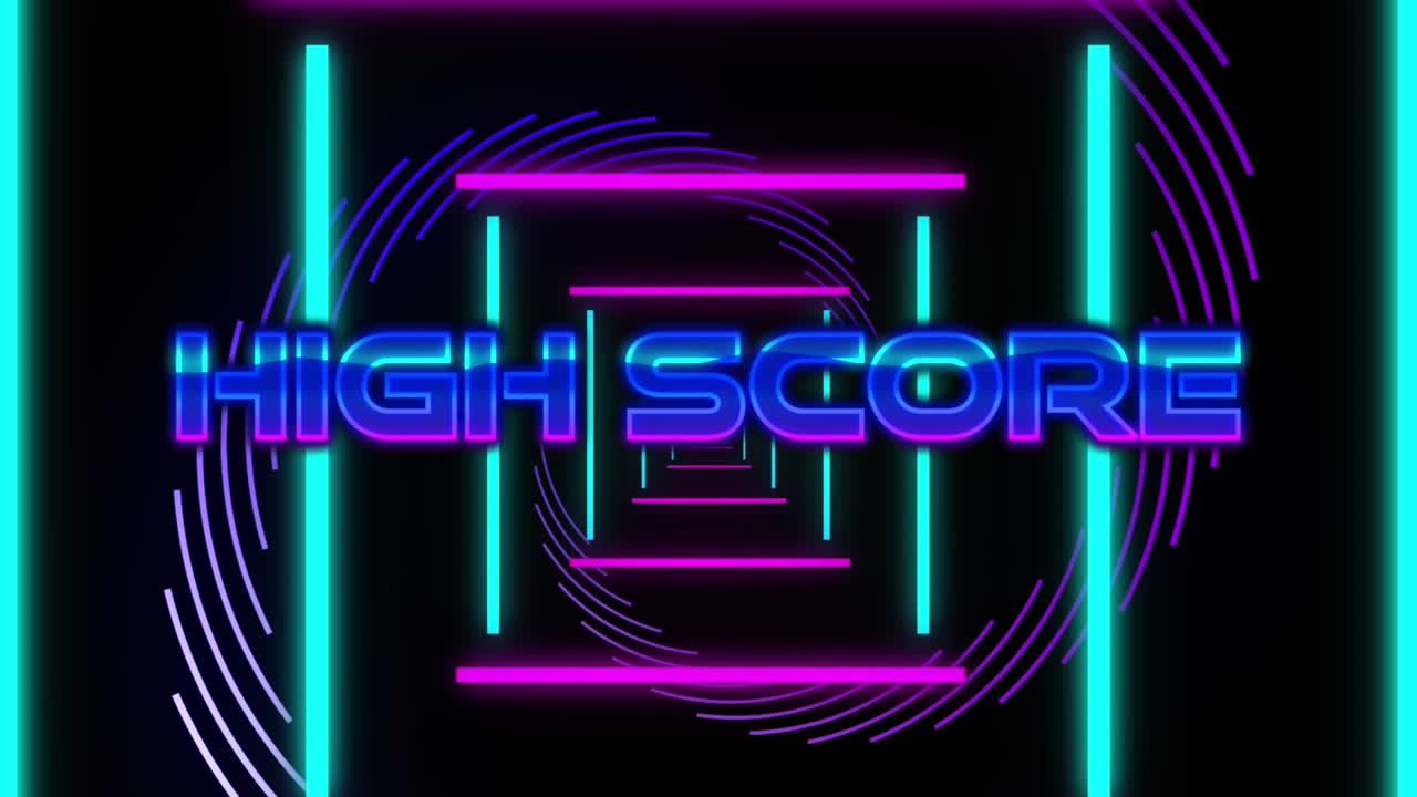 Animation of high score text over neon shapes moving