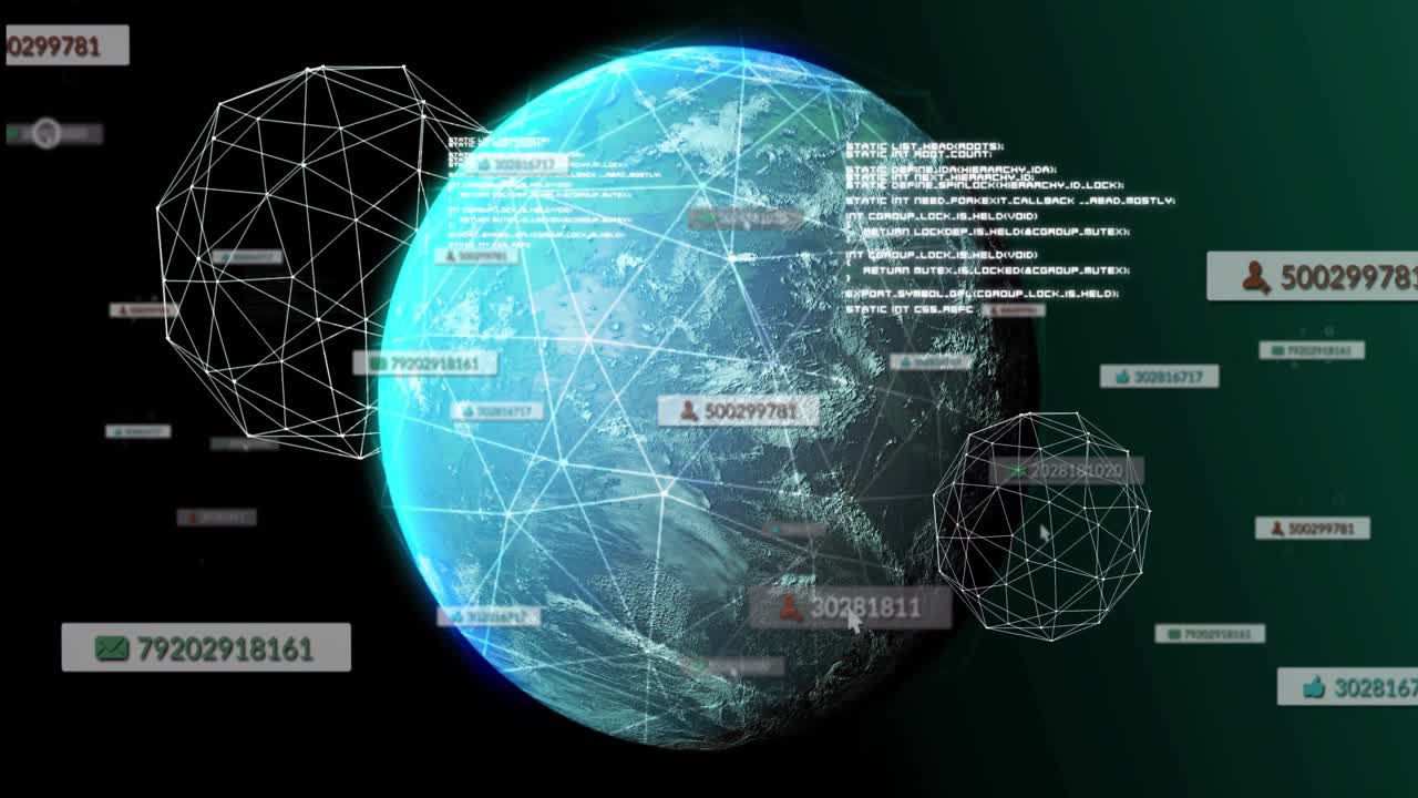 Rotating Earth initiating network mesh overlay and panels sliding in visualizing global connections