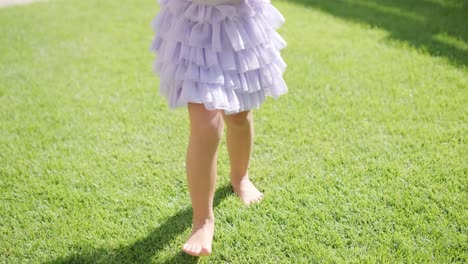 a little girl in a dress is blowing soap bubbles in the backyard on a sunny summer day