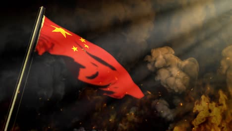 waving china flag on smoke and fire with sun rays - problems concept