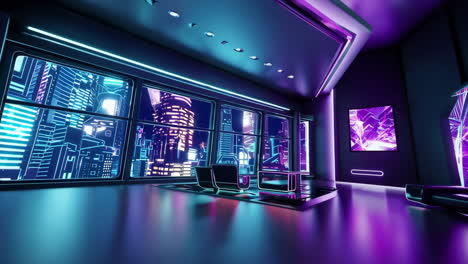 futuristic neon cyberpunk lounge with city view