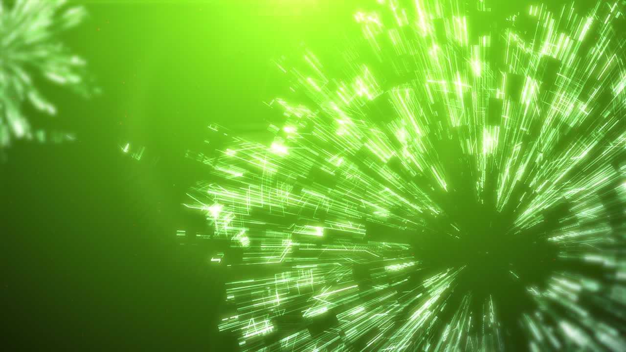 анимация фейерверков с магнитными колебаниями на зеленом фоне.