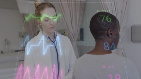 animation of data processing over caucasian female doctor with female patient