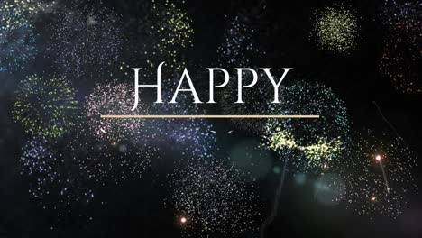 animation of happy new year text in white, over exploding fireworks in night sky