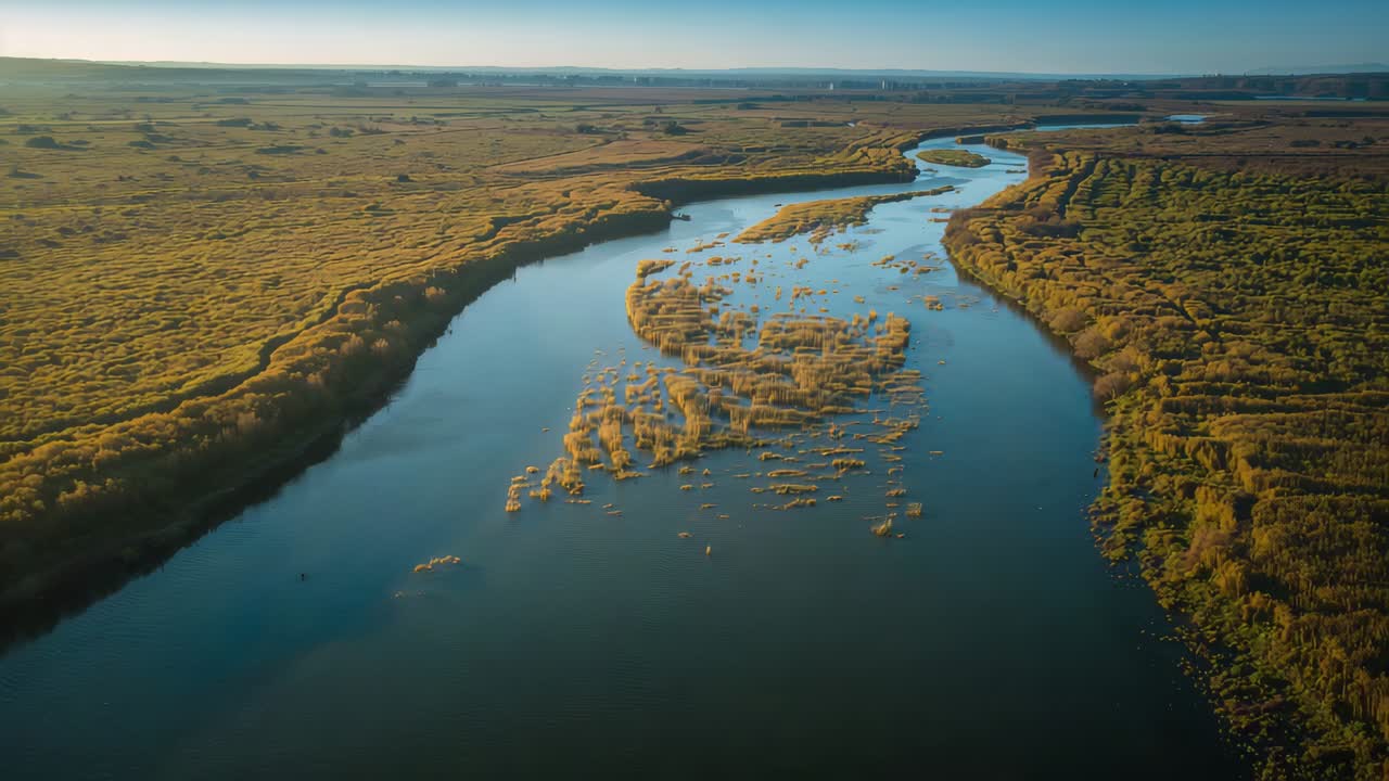 Drone che scivola riprendendo il sinuoso canale fluviale attraverso le pianure paludose, rivelando isole di canneti