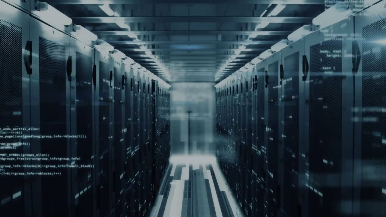Animation of eco icons and digital data processing over computer servers