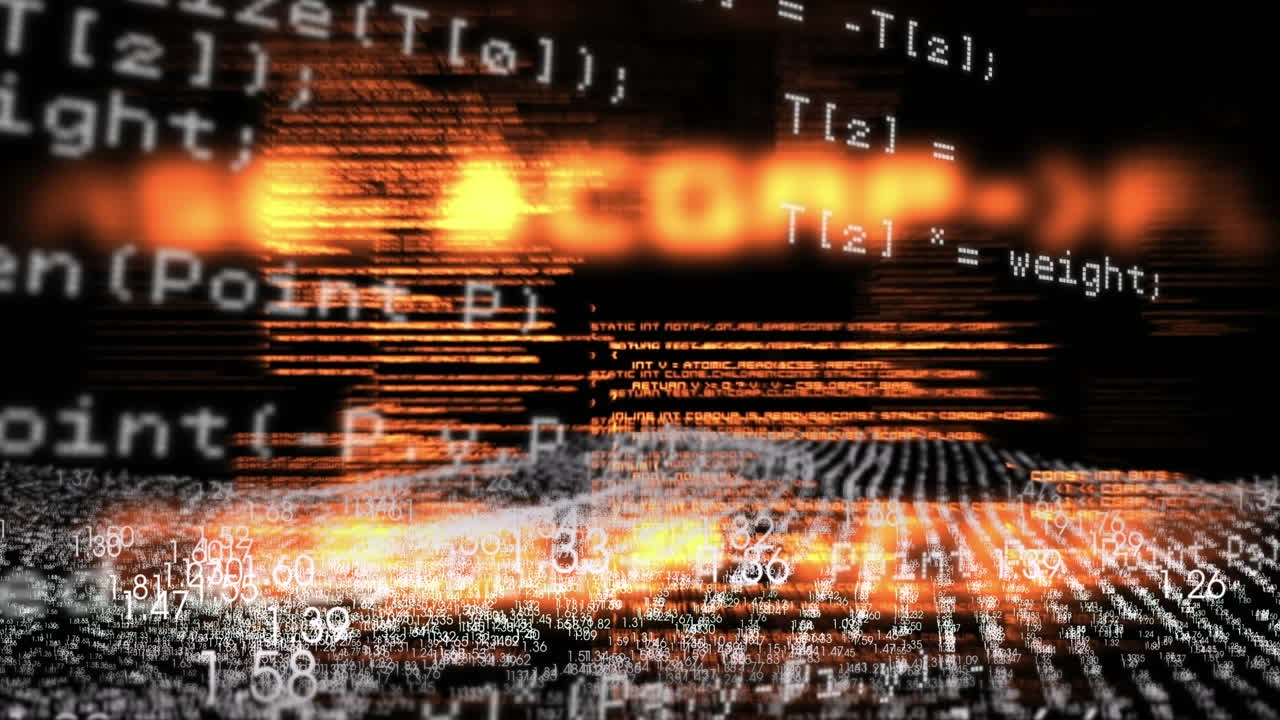 Animation of financial data processing and binary coding over black background