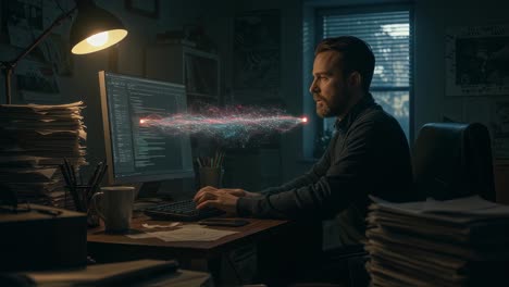 a technology expert diligently works in a dimly lit office, skillfully solving intricate programming challenges during the late hours of the night
