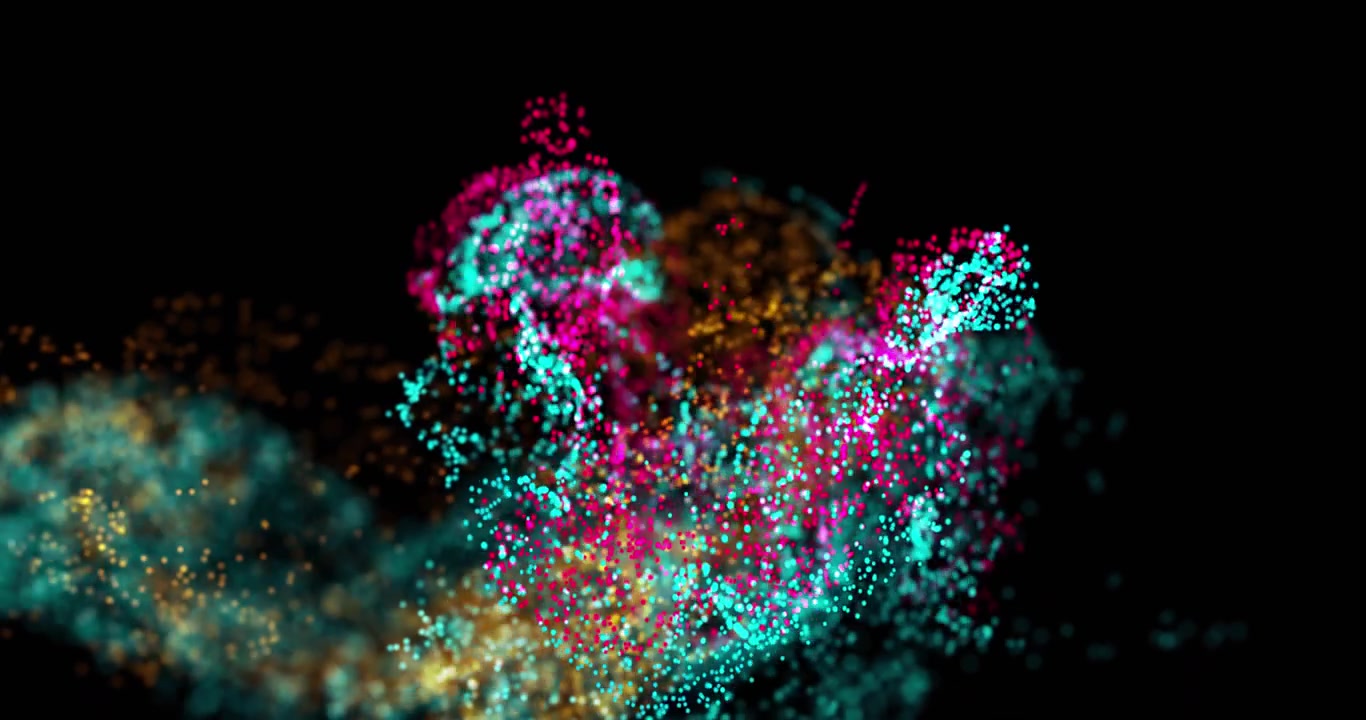 Animazione di particelle illuminate multicolori che formano onde dinamiche su sfondo nero