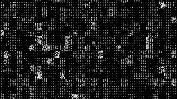 Digital Data Stream with Flickering White Letters on Black Background