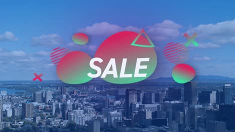 animación del texto de venta sobre el estandarte de gradiente contra la vista aérea del paisaje urbano.