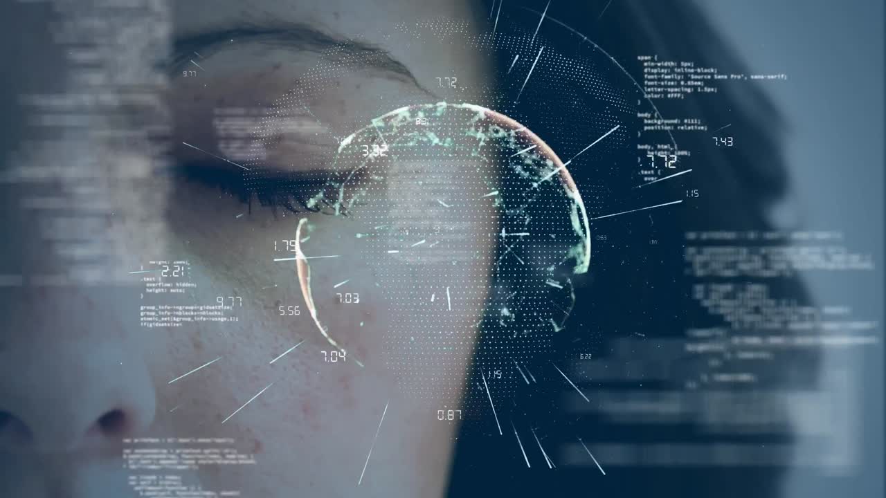 Animation of network of connections and data processing against woman's face