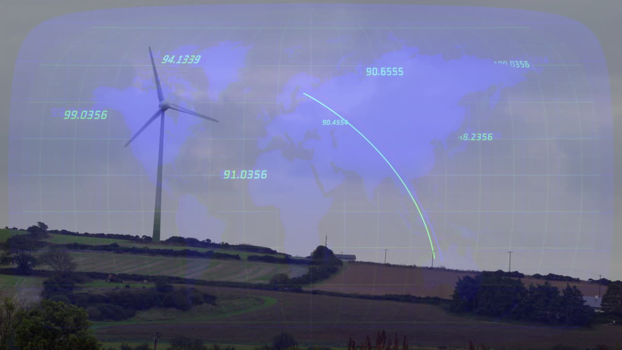 3D-rendered wind turbine tower spinning over rural fields, showing digital world map and data grid