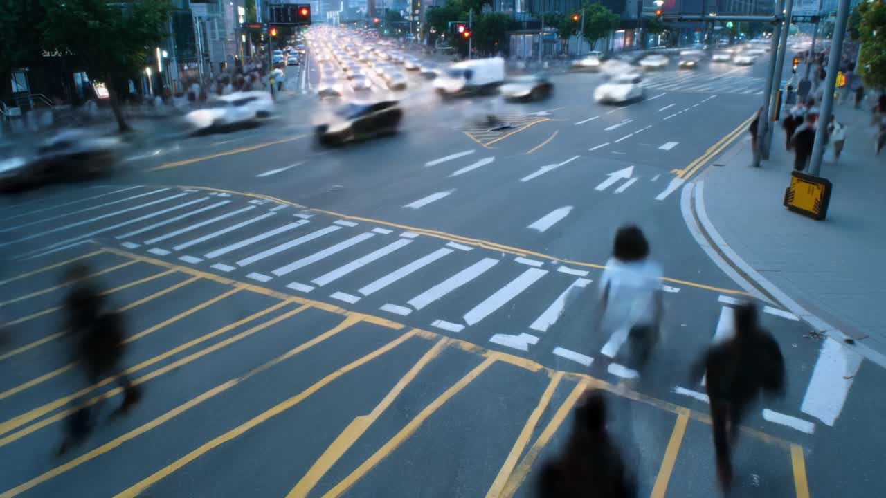 Persimpangan Kota yang Sibuk dengan Pejalan Kaki dan Kendaraan Bergerak Menyoroti Aliran Dinamis Kehidupan Kota dan Pola Lalu Lintas Selama Jam Sibuk