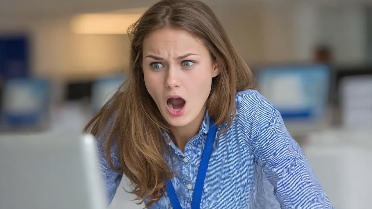 Shocking Revelation: A Young Woman's Intense Reaction While Working on Her Laptop in a Modern Office Environment Captured in Two Frames