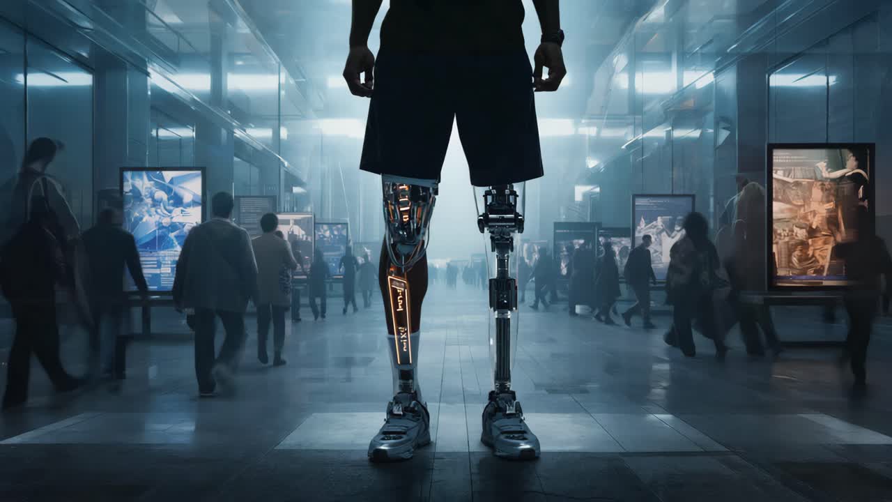 Person with Cybernetic Prosthetic Legs in a Futuristic Transit Hub