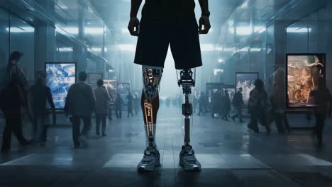 person with cybernetic prosthetic legs in a futuristic transit hub