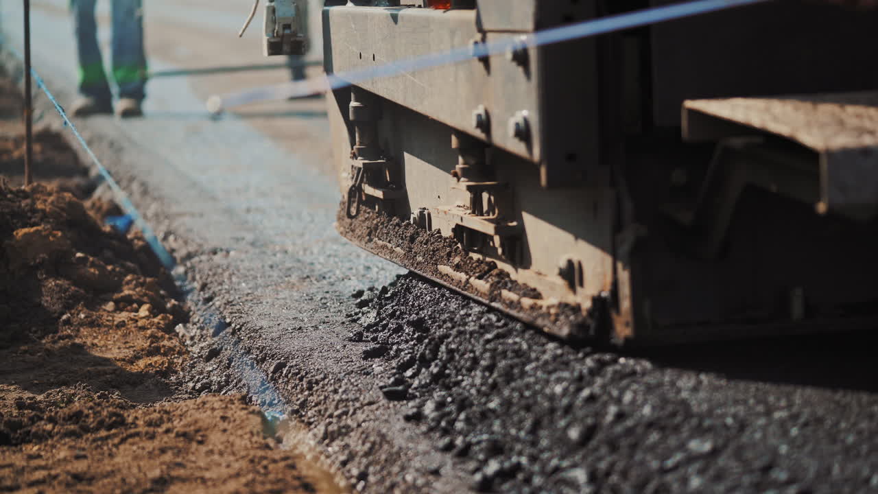 Fresh asphalt construction, street resurfacing. Asphalting construction works with commercial repair equipment road crews