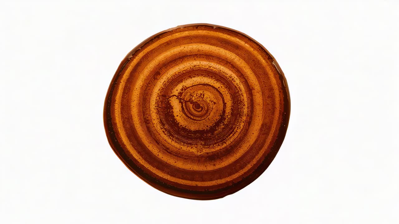 On play rotating amber-brown disc on white backdrop showing central swirl, rings and left bulge