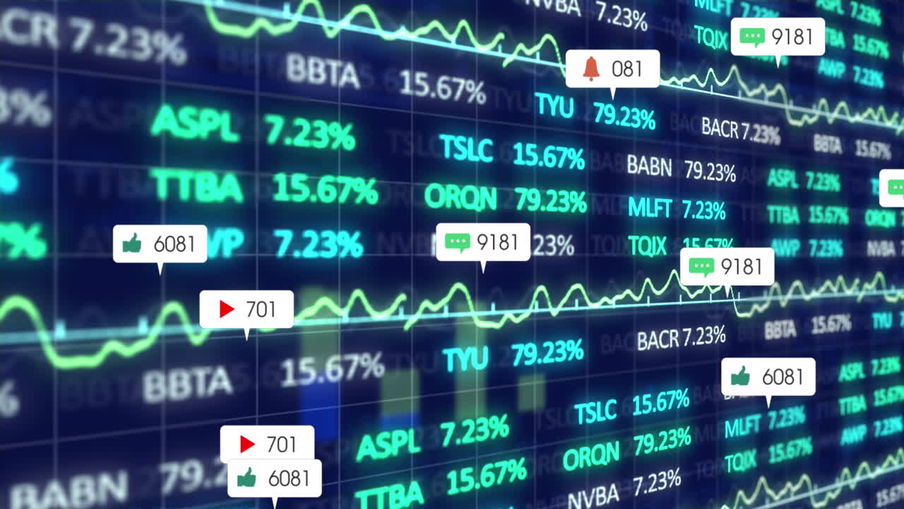 추상적인 배경 위의 여러 알림 바, 거래 보드 및 그래프의 애니메이션