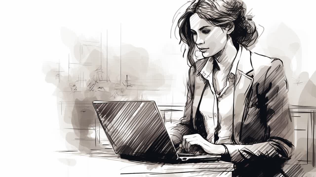 sketch animation of young business woman working on laptop