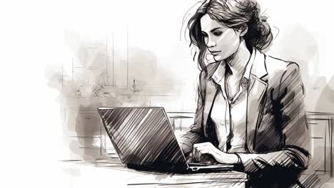dibujo animado de una joven mujer de negocios trabajando en una computadora portátil