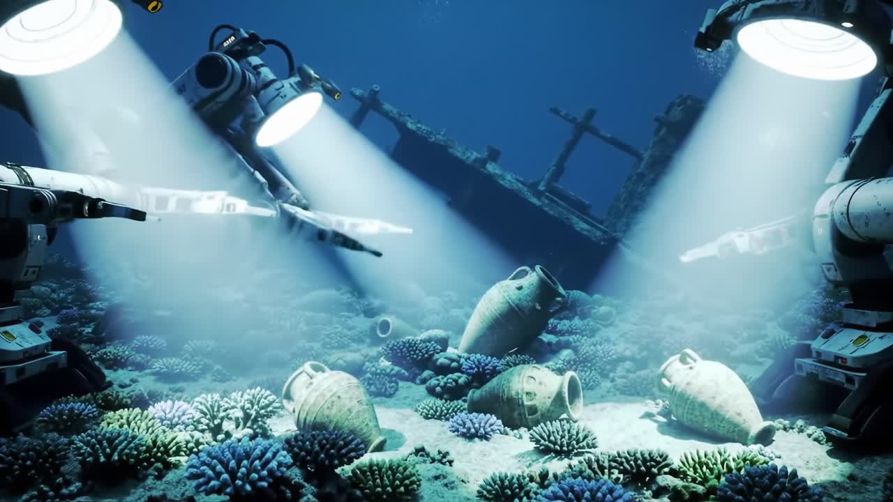 Underwater robots navigate through vibrant coral reefs, providing light to examine marine life and ecosystems. The soft glow highlights the rich colors and textures of the ocean floor.