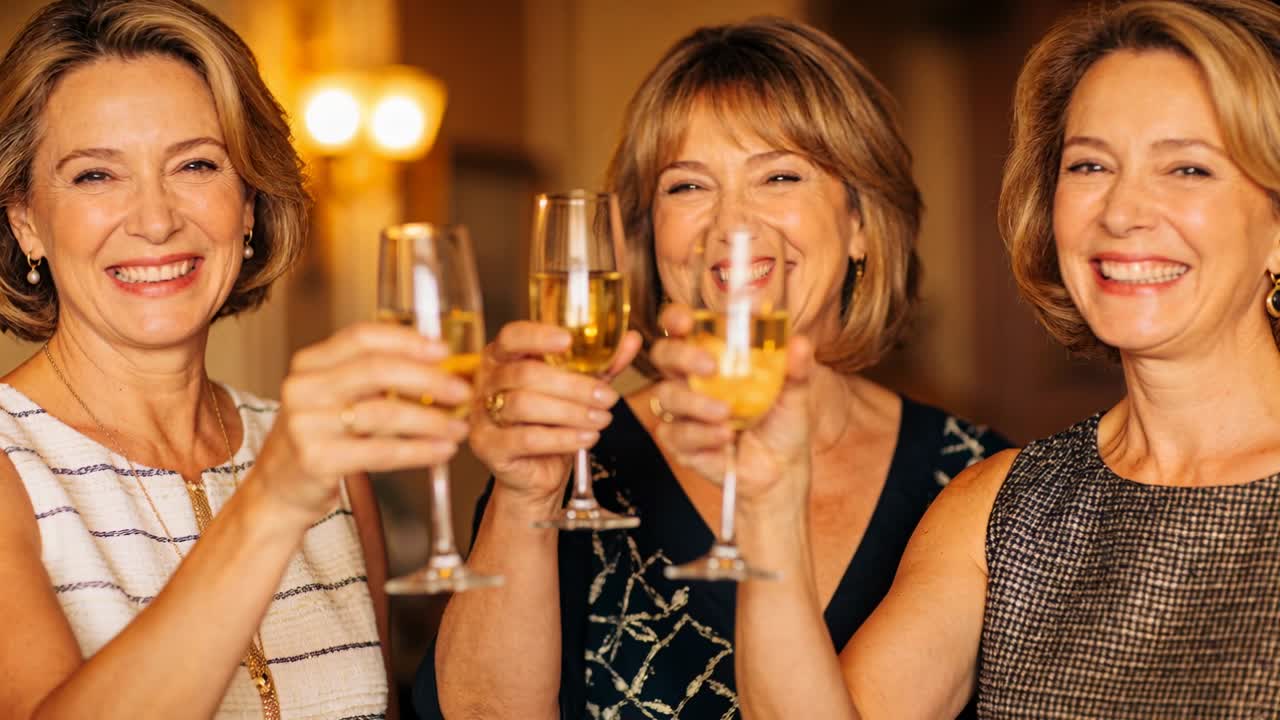 Smiling to camera, trio raising champagne flutes for toast at banquet, sleeveless dresses, jewelry