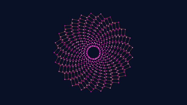 Abstract and neon magic flower with neon dots and lines in dark space
