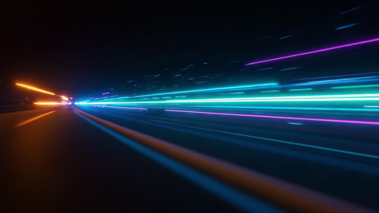 A mesmerizing display of colorful light streaks captured in motion, showcasing the dynamic energy and vibrancy of night-time driving through a neon-lit environment