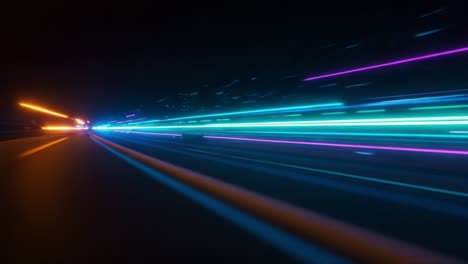 a mesmerizing display of colorful light streaks captured in motion, showcasing the dynamic energy and vibrancy of night-time driving through a neon-lit environment