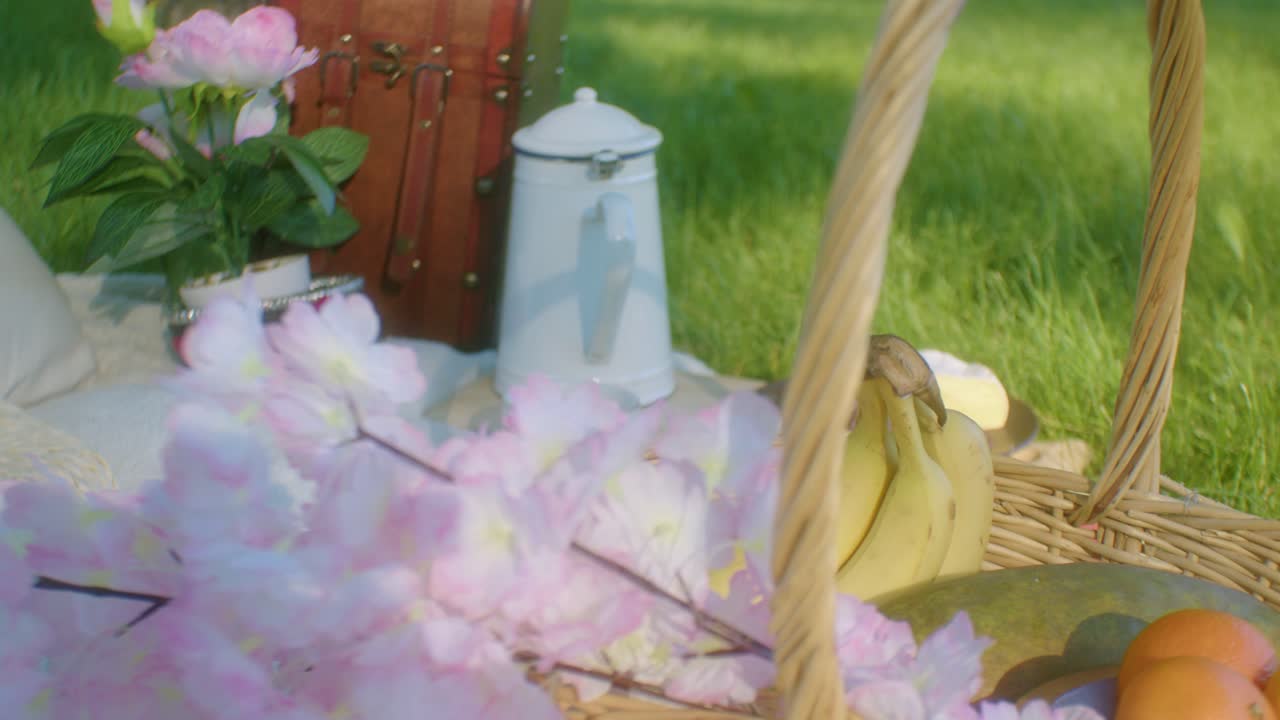 plátanos naranjas papaya en cesta de picnic sobre una manta en la bandeja de inclinación del parque