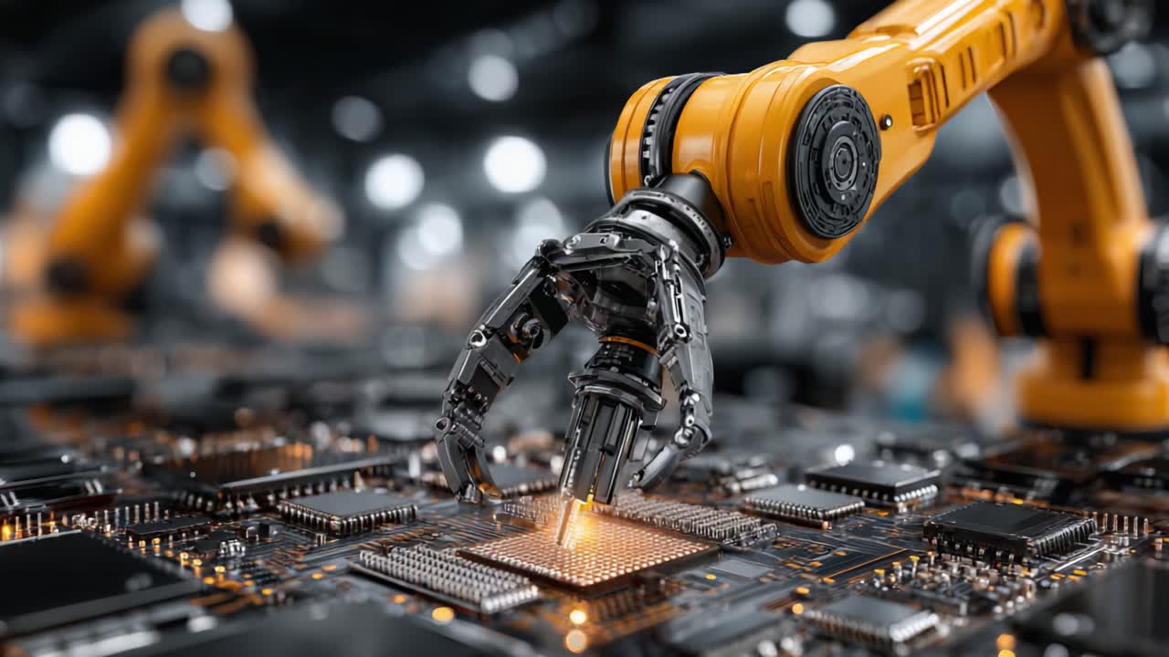 Advanced Robotic Arm in Action, Skillfully Assembling Computer Chips on a High-Tech Production Line, Showcasing Automation and Precision Engineering