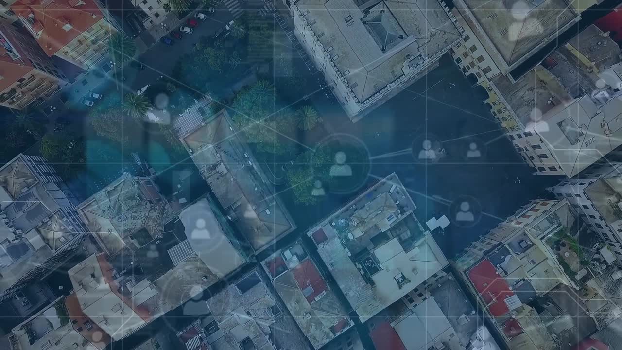 animación de la red de conexiones sobre el paisaje urbano