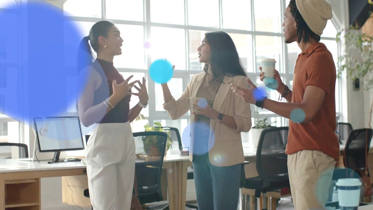 Left woman starting chat, office team gesturing, planning, vivid circles sliding, partly obscuring