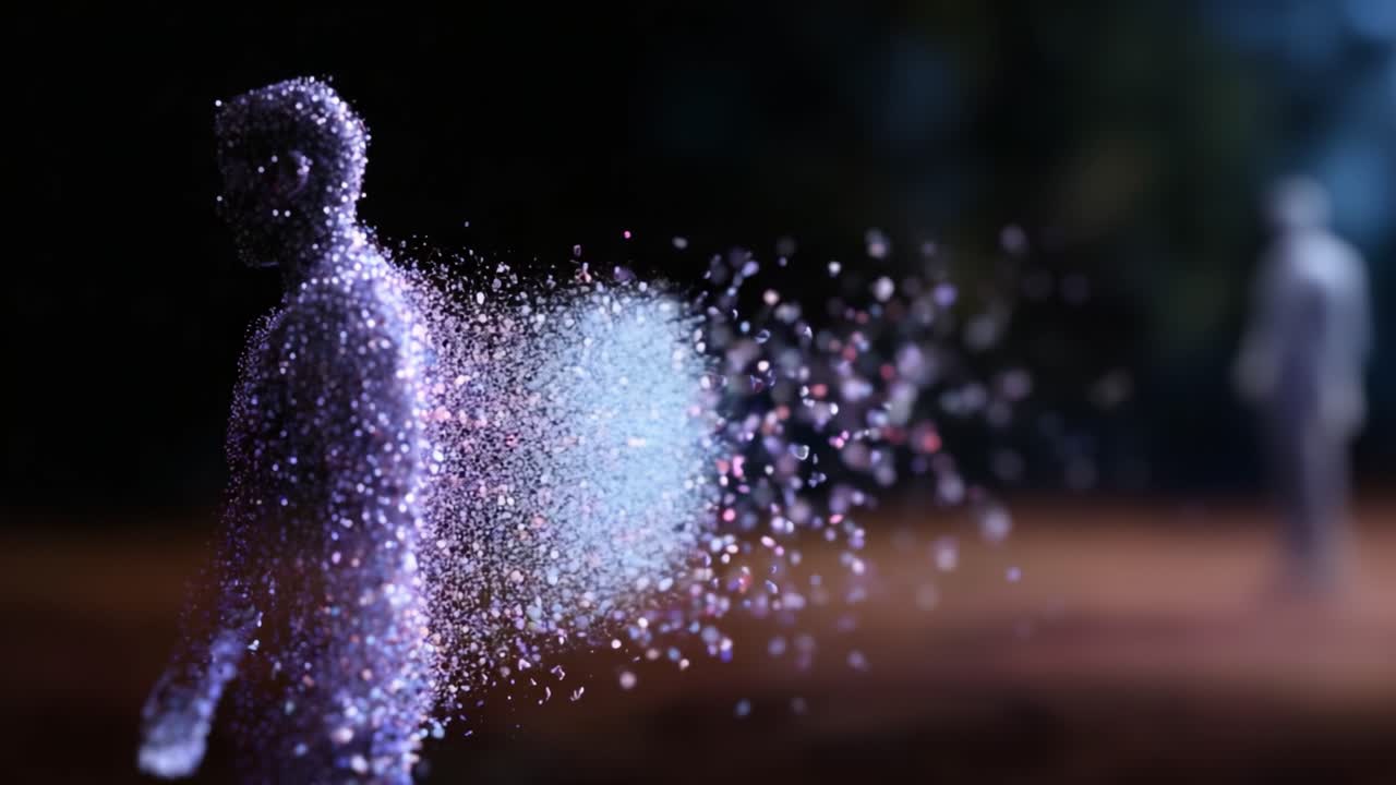 Una rappresentazione artistica surreale di una figura che si trasforma in particelle colorate, a simboleggiare il cambiamento e la natura effimera dell'esistenza e dell'identità in una narrazione visiva