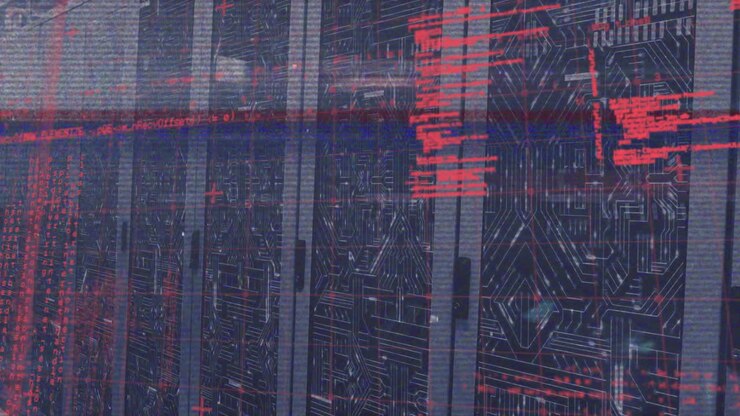 Animation of glitch technique, computer language and circuit board pattern on server room