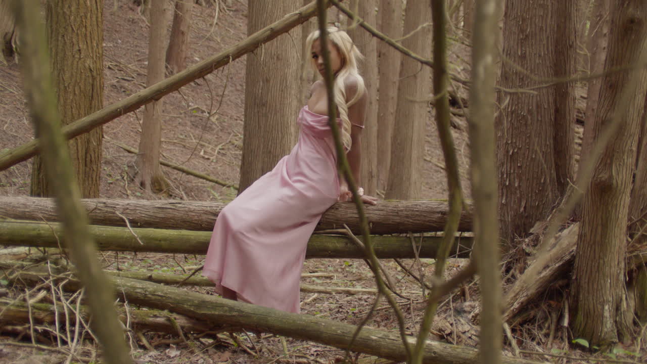 joven mujer de ébano con el cabello largo y rubio, se sienta en la parte superior de los troncos de árboles caídos en el bosque. ella lleva un vestido rosado, y scrunchie en su muñeca derecha. tiro ancho, cámara de mano de seguimiento de lado a lado.