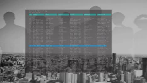 Digitale-Schnittstelle-Mit-Datenverarbeitung-über-Silhouette-Von-Geschäftsleuten-Vor-Stadtbild