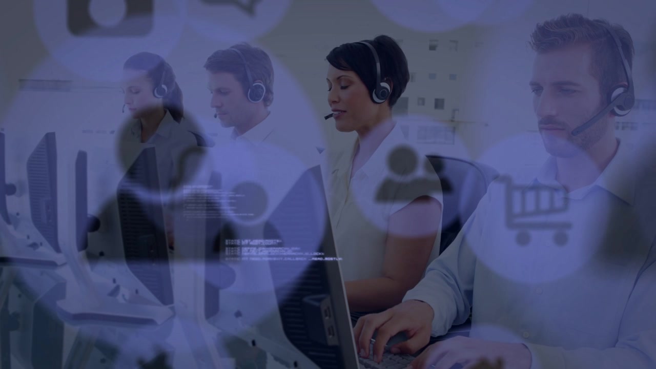 Central agent adjusting headset, speaking, initiating overlays revealing code, support team typing