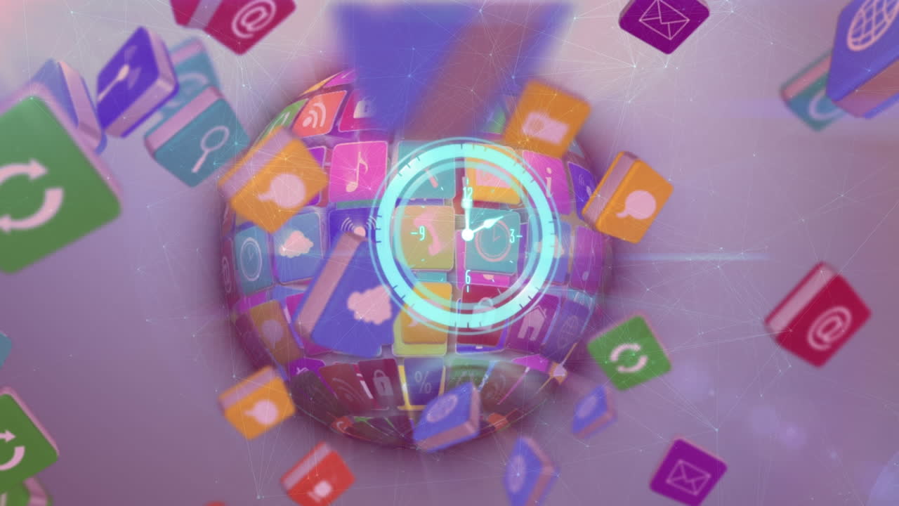 animación del reloj y los iconos que caen sobre el globo