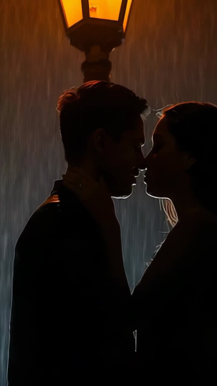 Vertical video: Rain falling leading couple leaning under lamp post, kissing then resting foreheads