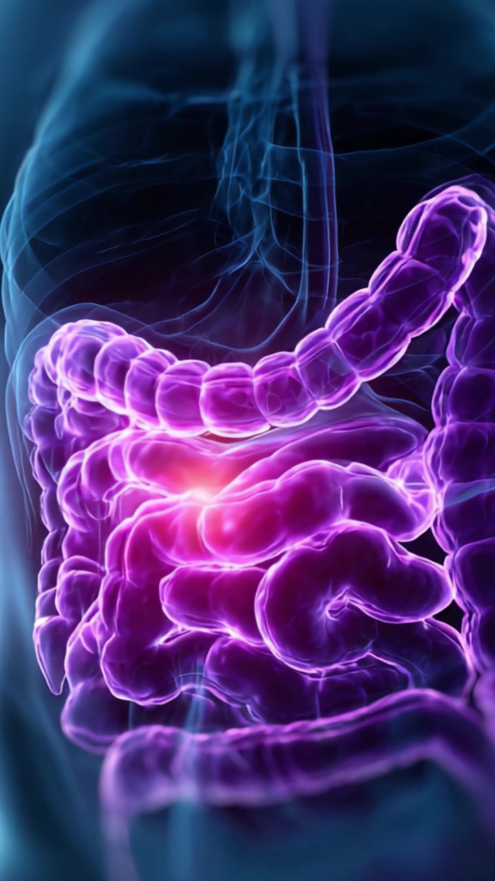 Rappresentazione visiva del sistema intestinale umano: uno sguardo dettagliato al processo digestivo illustrato con colori vivaci e una struttura dinamica