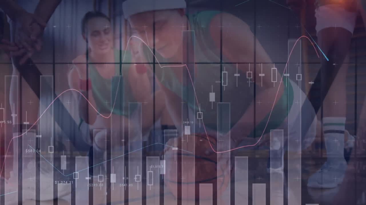 체육관에서 다양한 여성 농구 선수에 대한 데이터 처리의 애니메이션