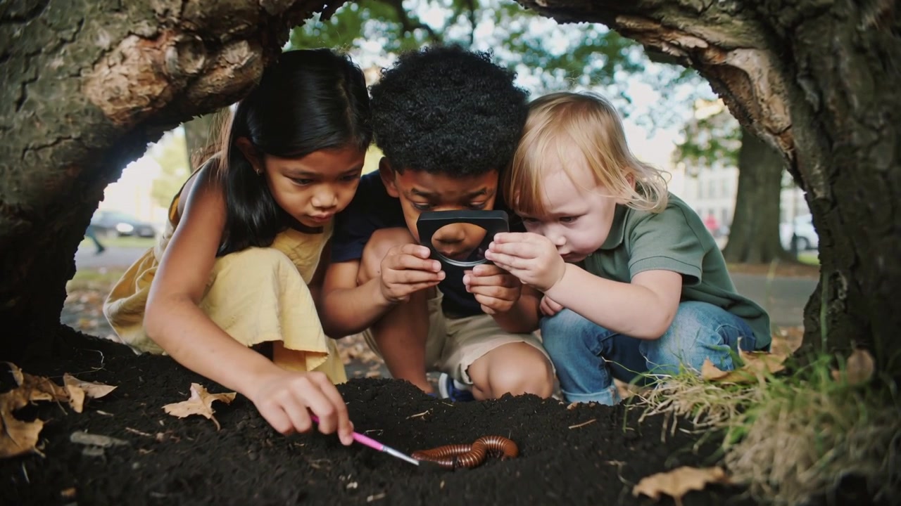 Prodding with pink brush yellow-dress kid with pals holding magnifier at hollow studying millipede