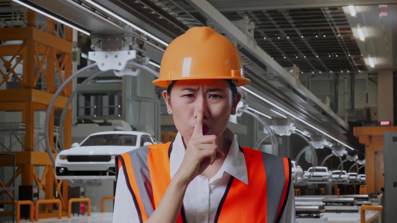 안전 헬을 입은 아시아 여성 엔지니어가 ev 자동차 공장에서 서서 shh 제스처를 하고 있습니다.